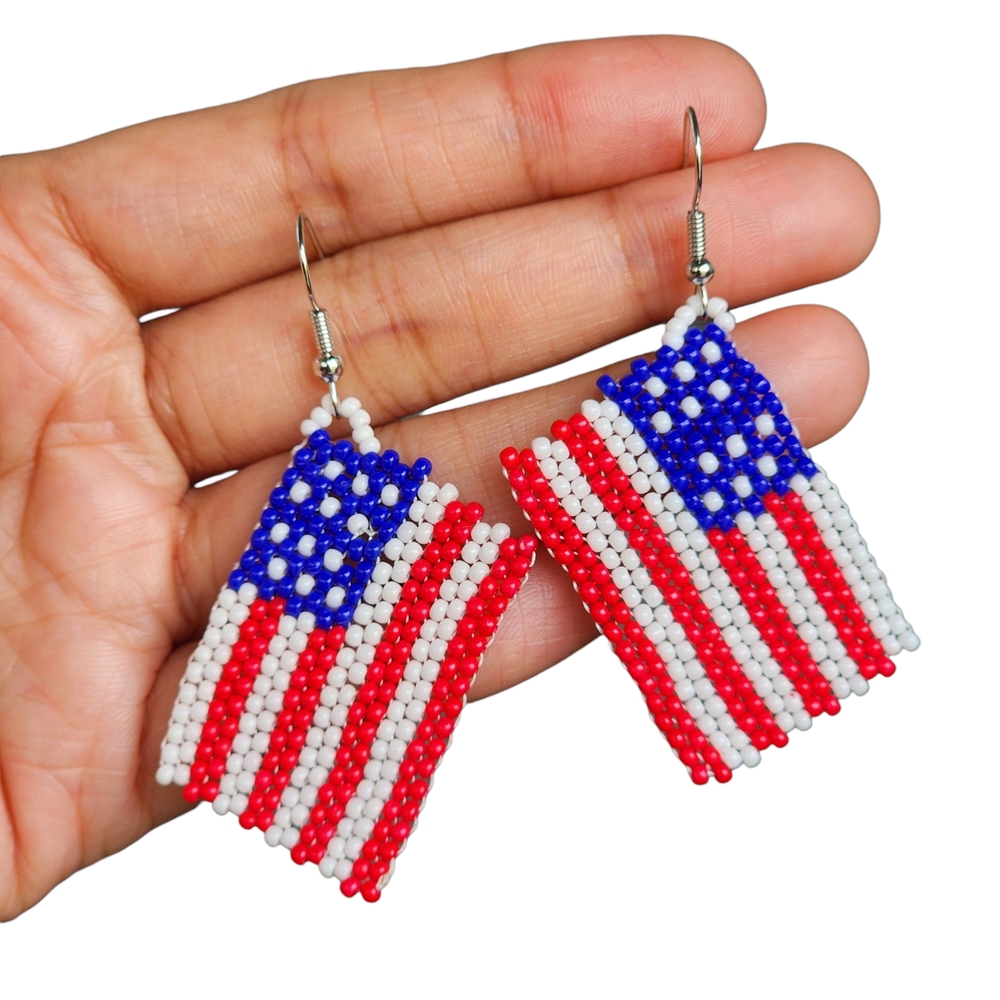 Handmade Patriotic Flag Beaded Earrings Bohemian Y2K Jewelry